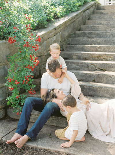 Bride and groom walk up memorial steps at their DC wedding