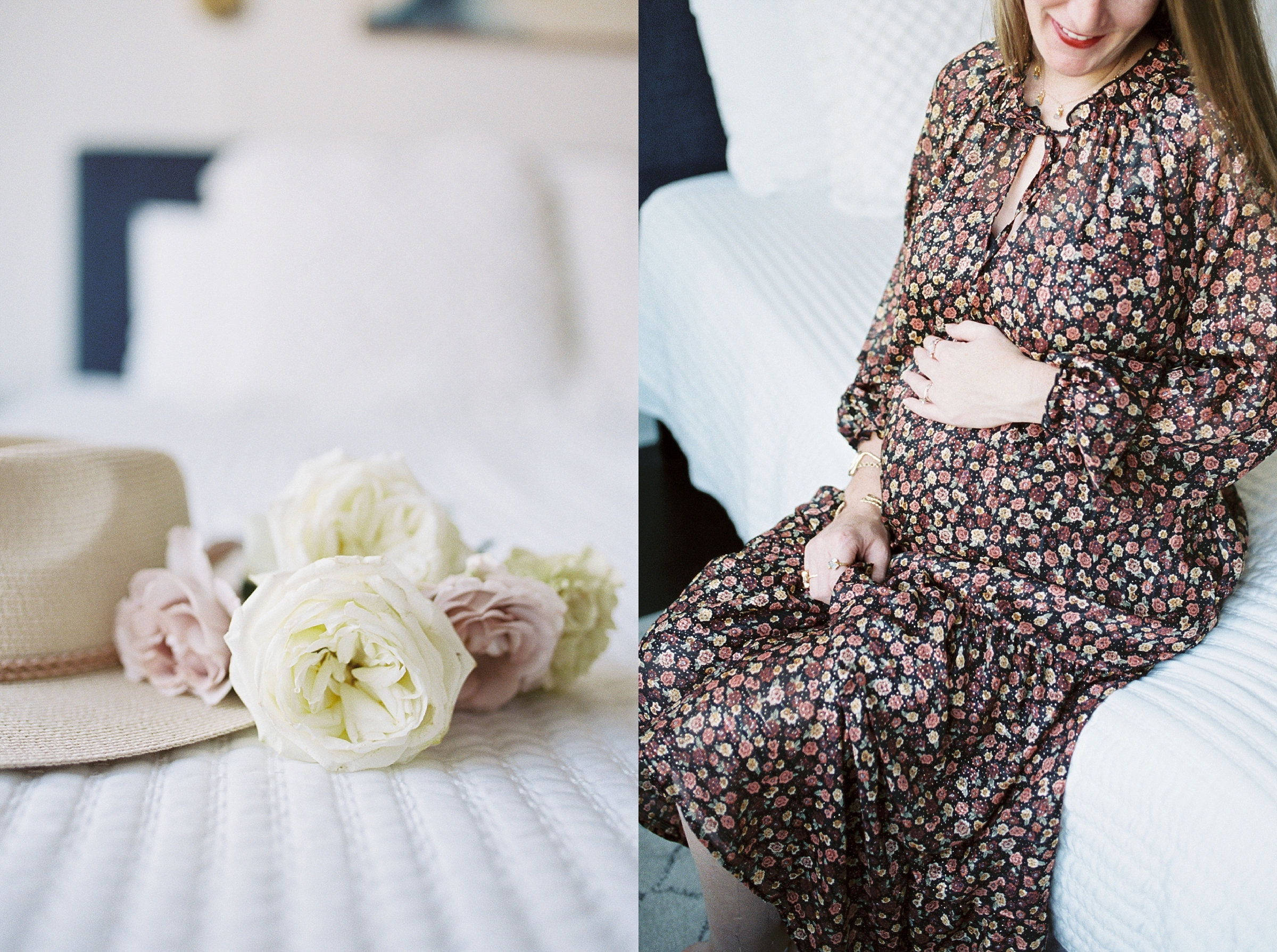 expectant mom sits on bed posing for maternity photos