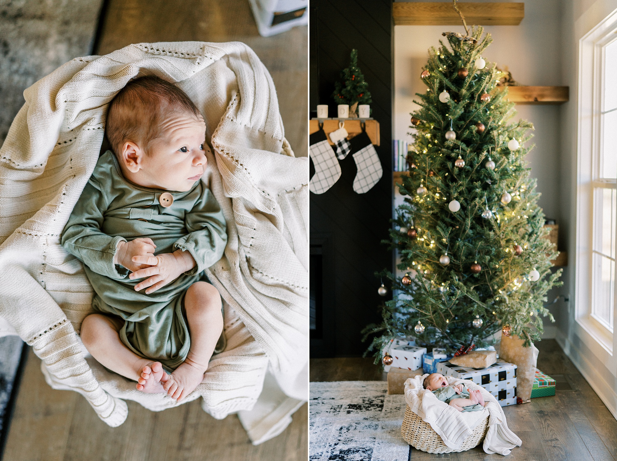 newborn baby boy sleeps by Christmas tree during In Home Lifestyle Newborn photos