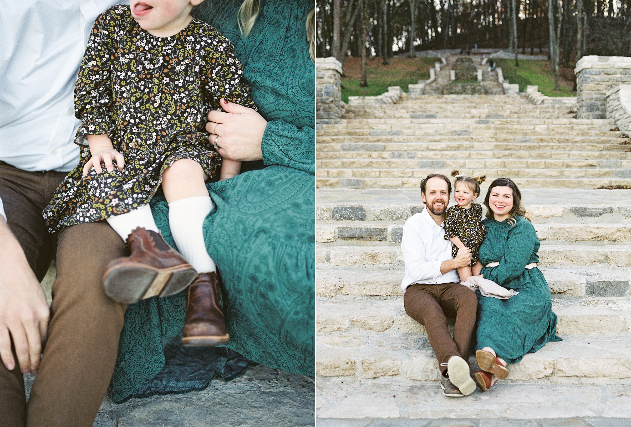 family of three poses on Percy Warner staircase in Nashville TN