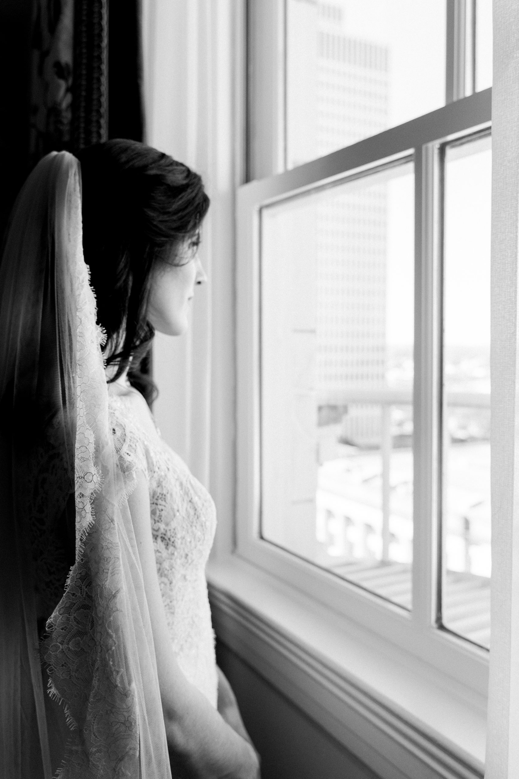 bride looks outside at Nashville TN
