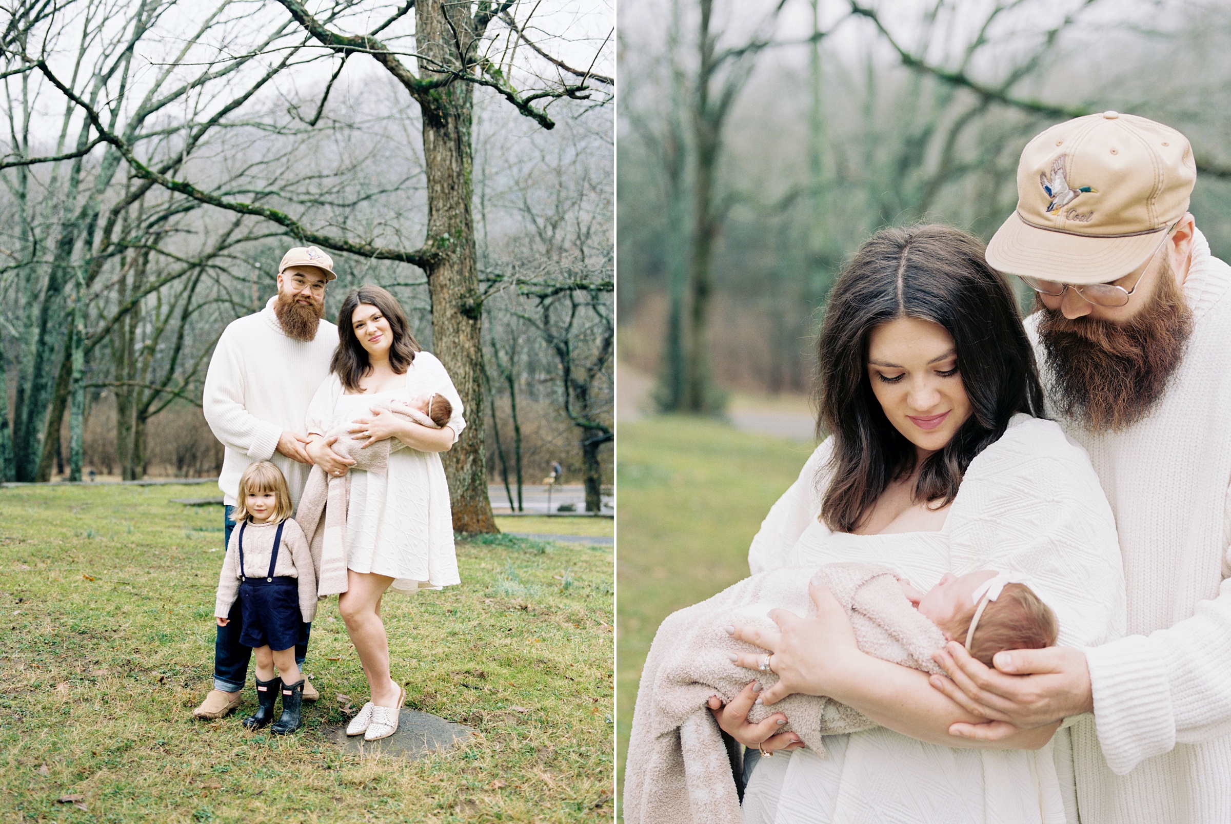 family poses in backyard during newborn photos at home