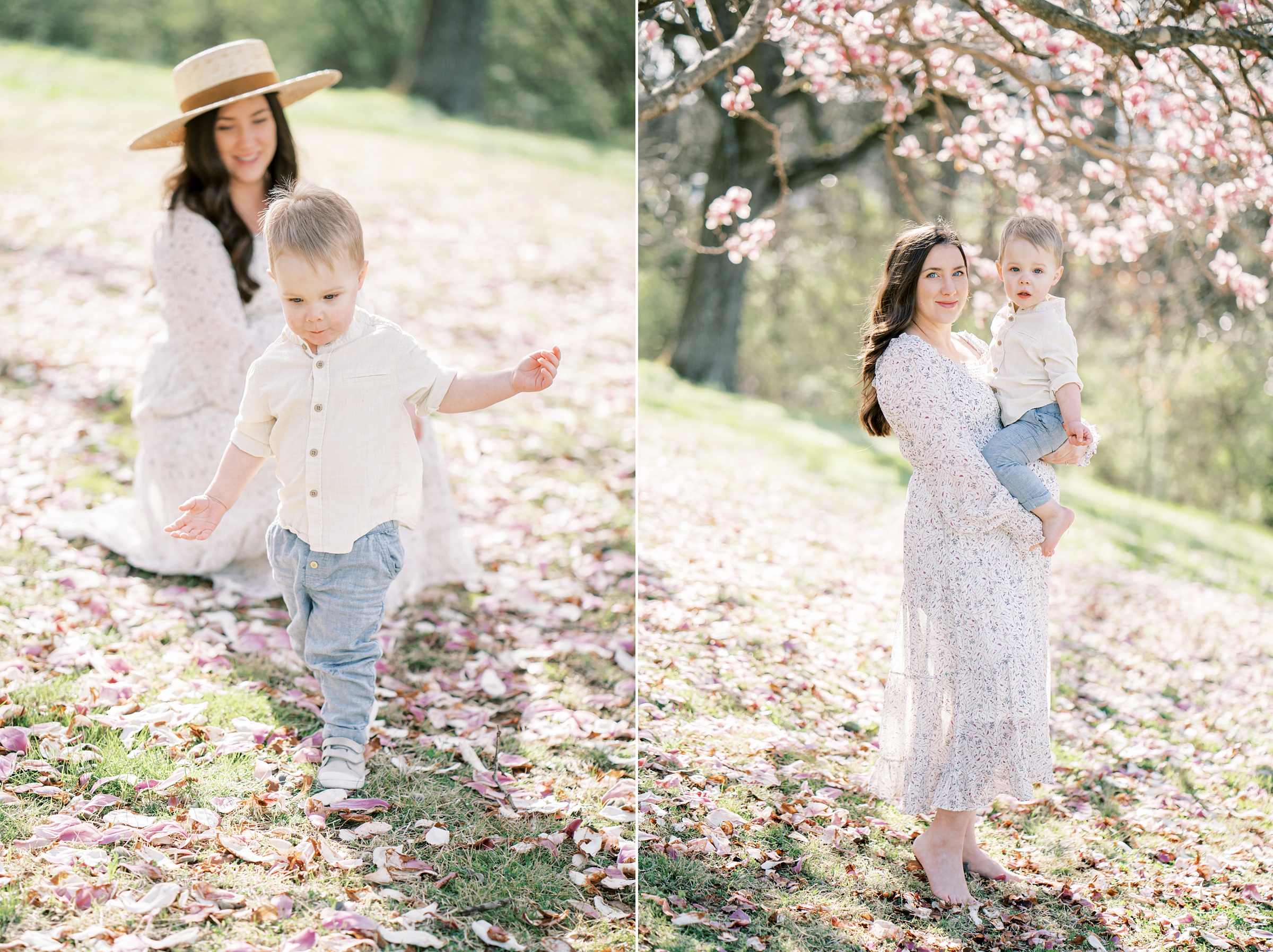 mom plays under cherry blossom tree
