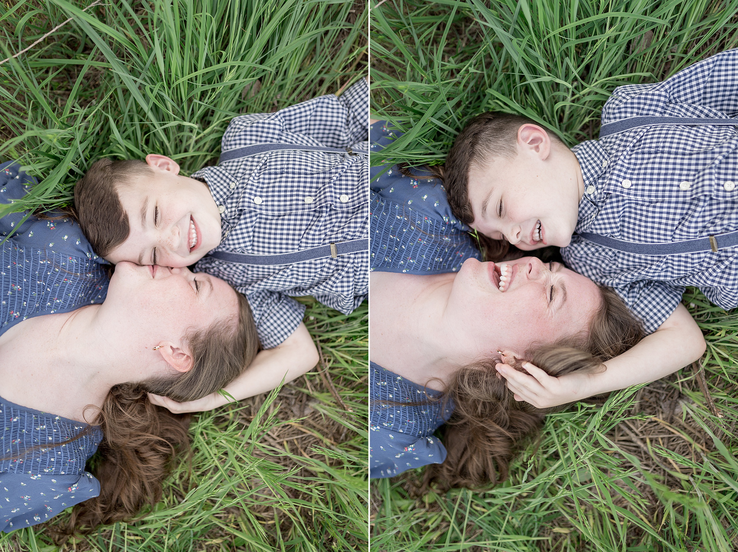 mom and oldest son lay in a field during candid moment of Family session