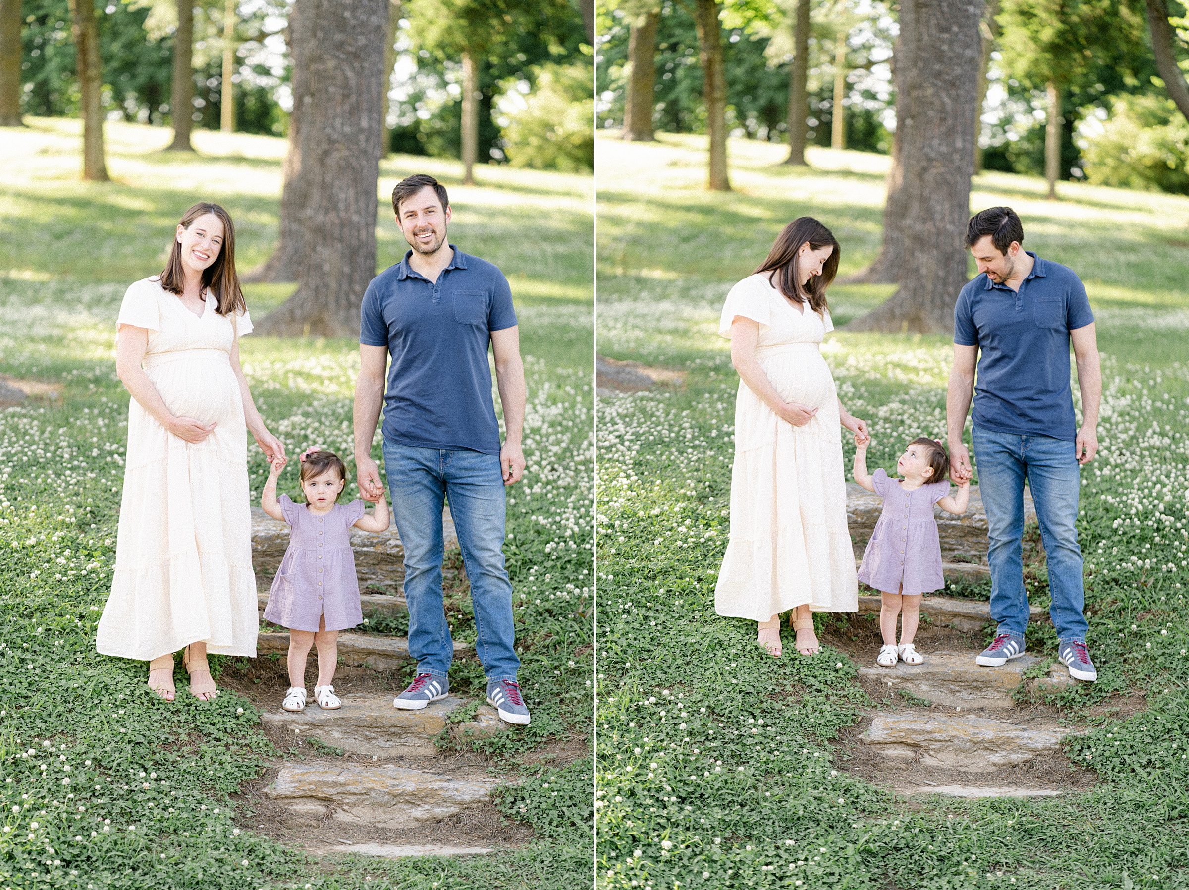 family of three holds hands in park during family + maternity session