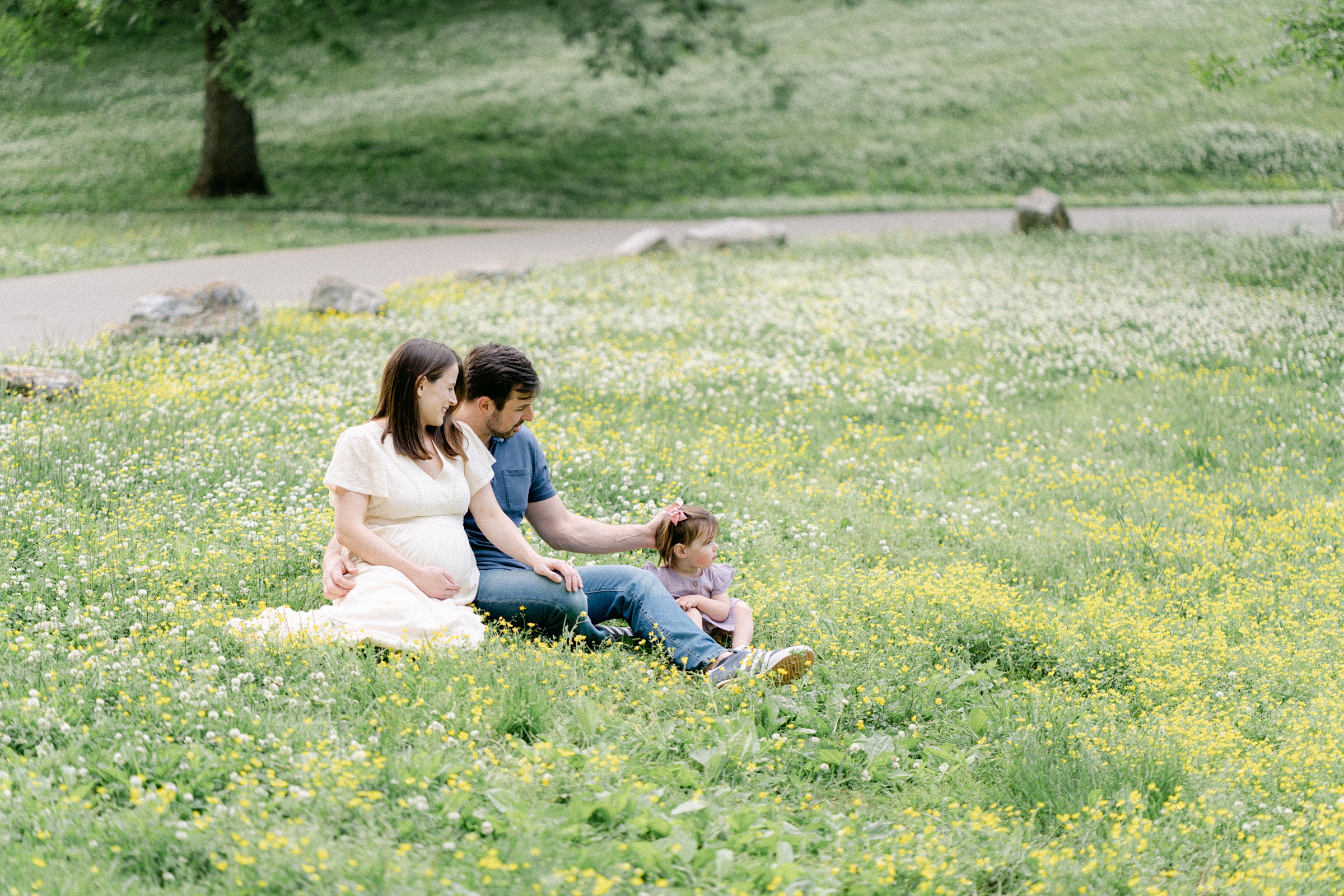 mom, dad + Daughter sit in field for maternity family portraits