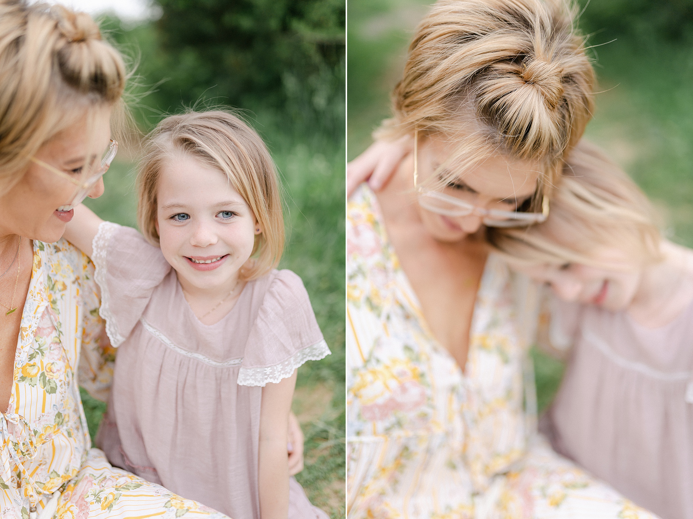 mom and daughter share tender moment sitting in grass during TN Family Portraits