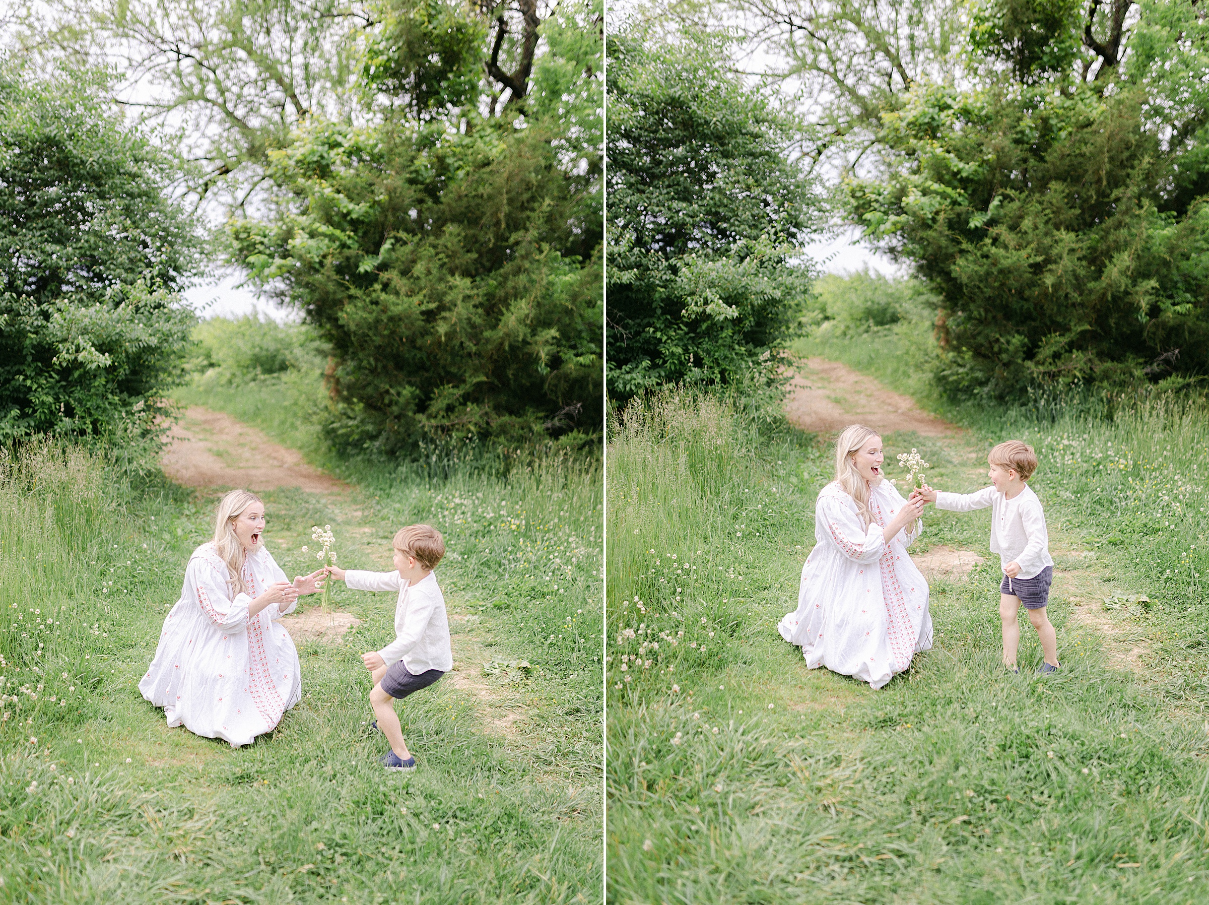 little boy hands flowers to mom during photo session by Grace Paul Photography