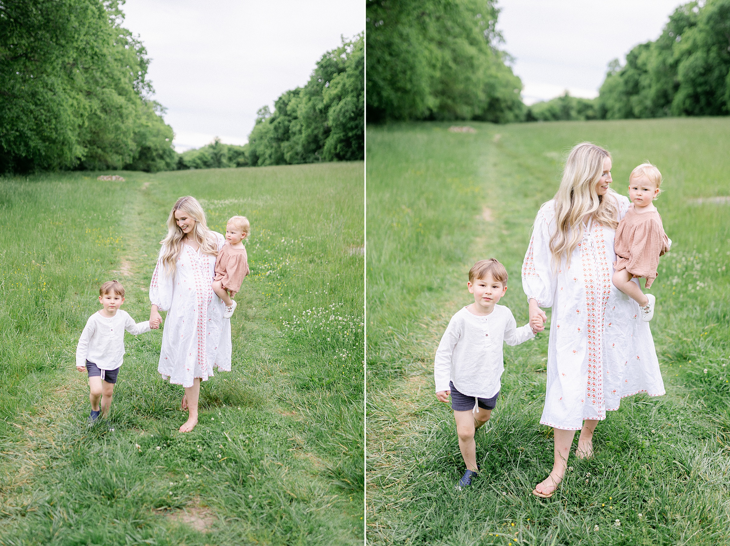 TN Mom walks holding two kids during Mom + Me Session in Brentwood