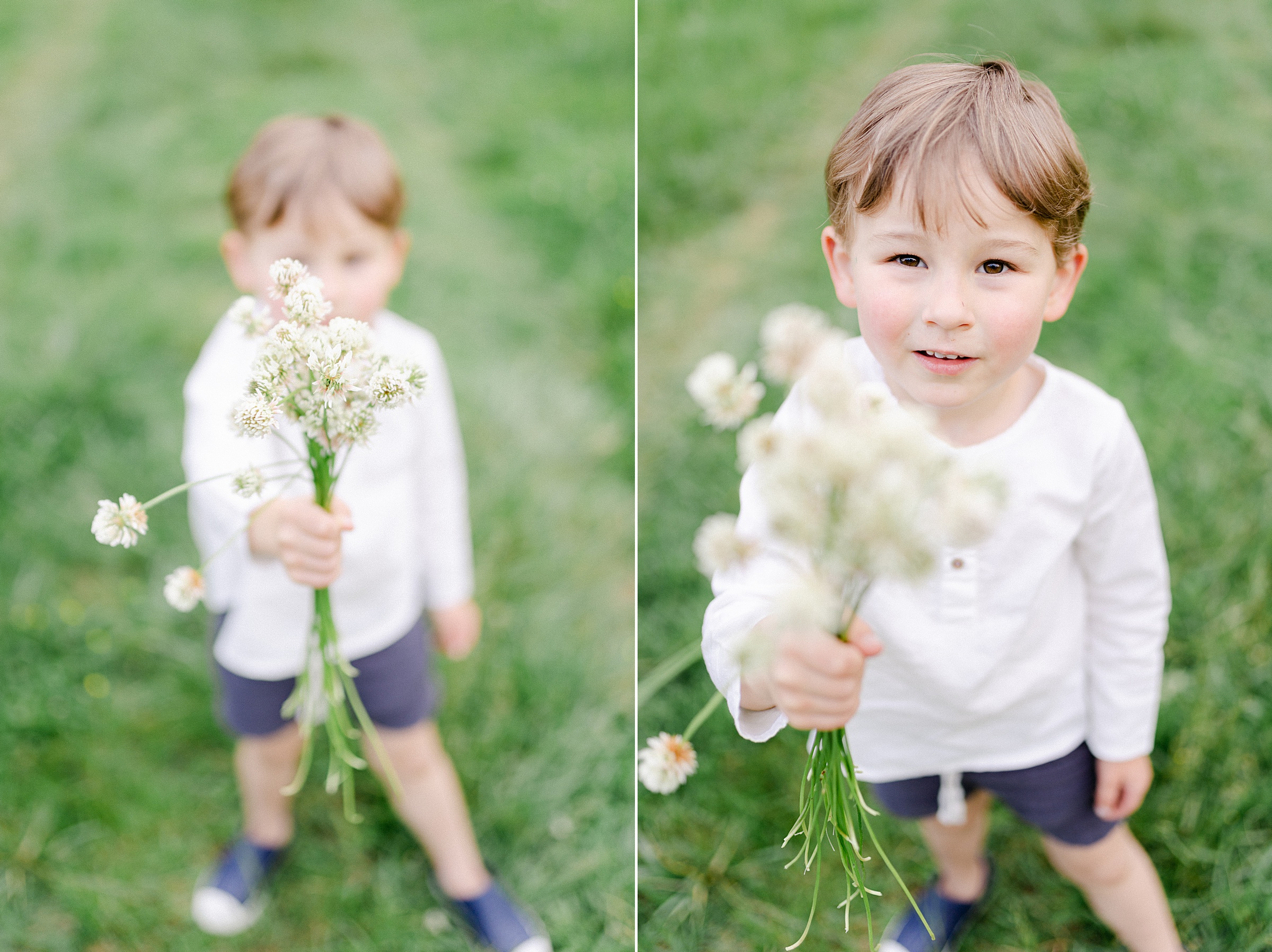 Boy holding bouquet of flowers he picked in TN field