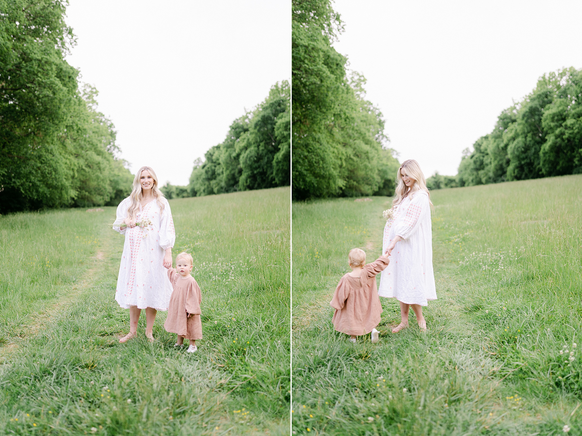 Mom holds hands with daughter kids during maternity photos session in Brentwood TN Grace Paul Photography