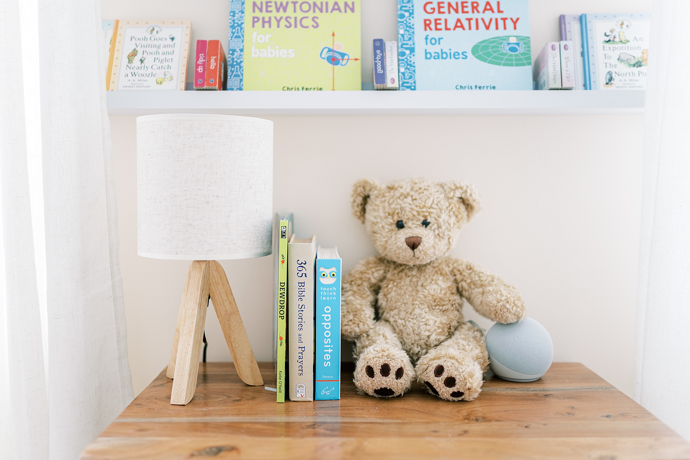 books, lamp, and stuffed teddy-details of Light + Airy Baby Girl Nursery in Murfreesboro TN