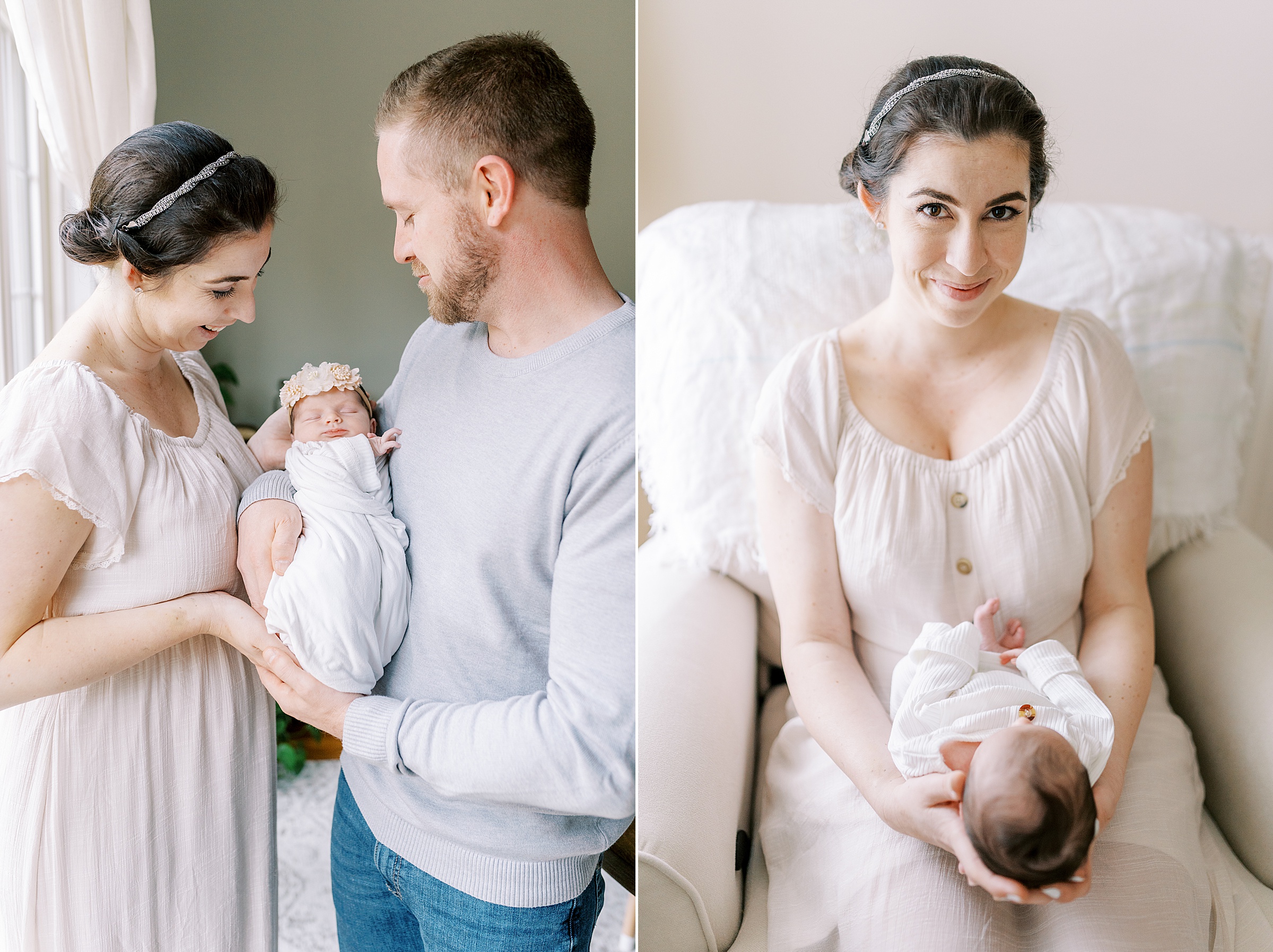 mom and dad hold new baby girl in her nursery