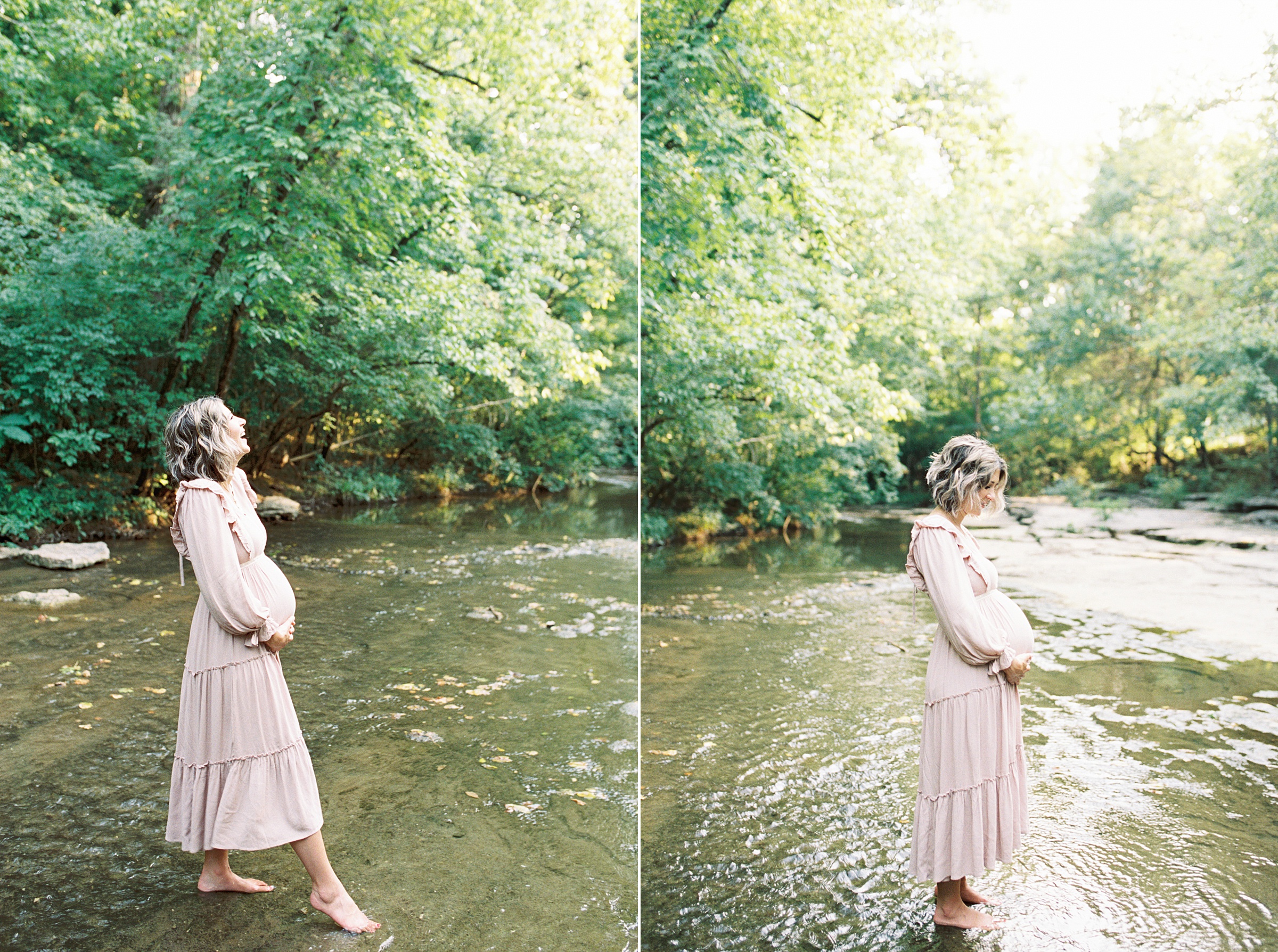 Pregnant woman walks through shallow stream holding baby bump during TN Maternity photos