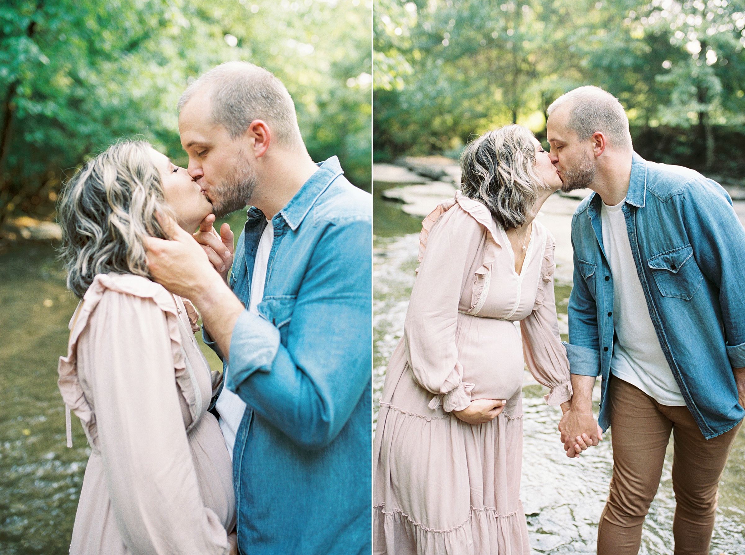 man kisses pregnant wife during maternity photos in Nashville