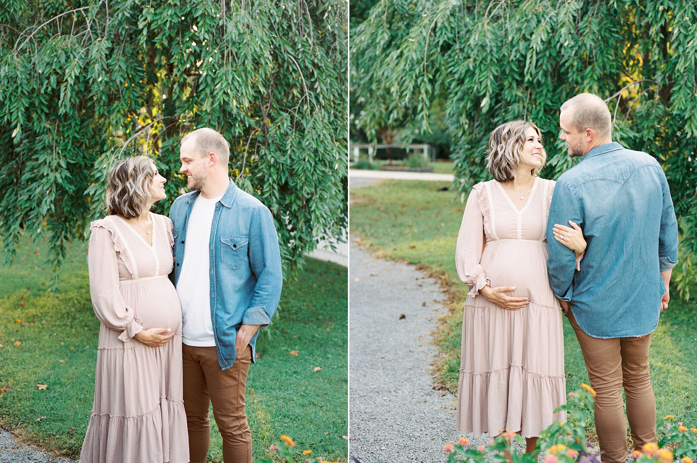 couple walks along path during outdoor maternity session
