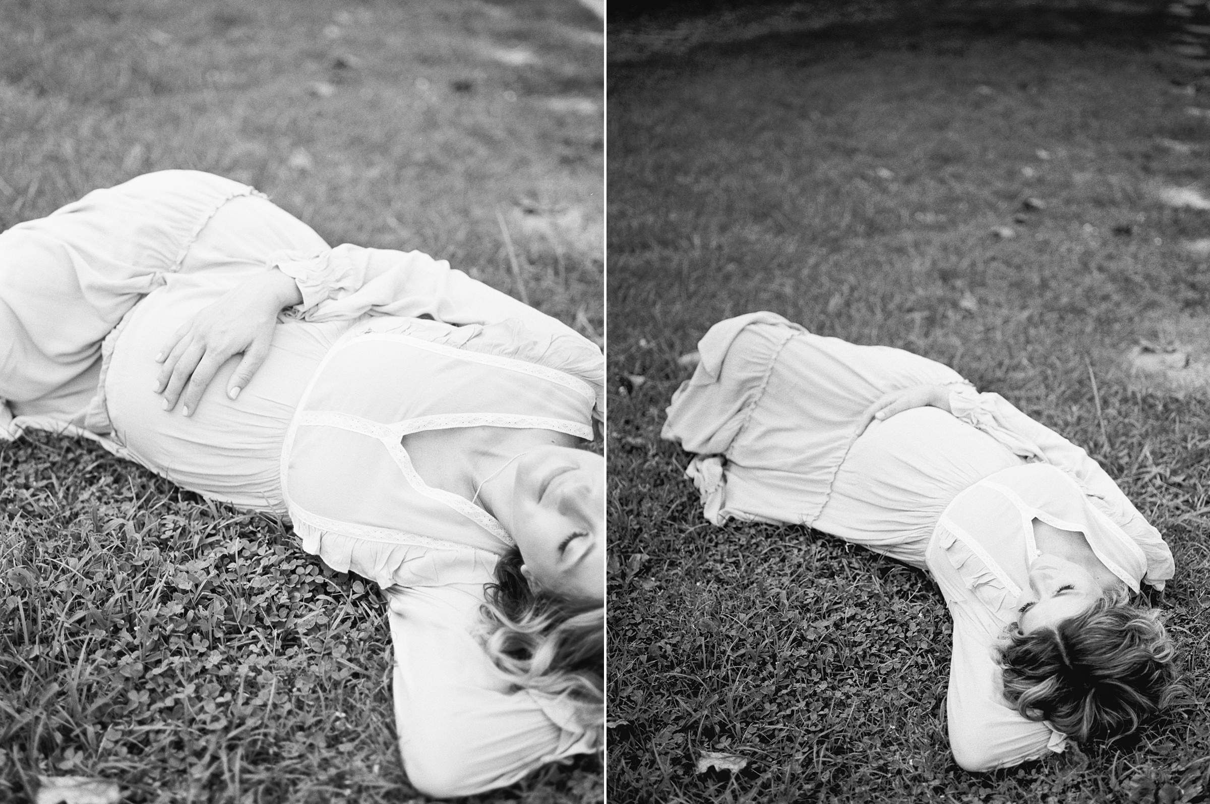 mom to be lays in grass holding baby bump during maternity session