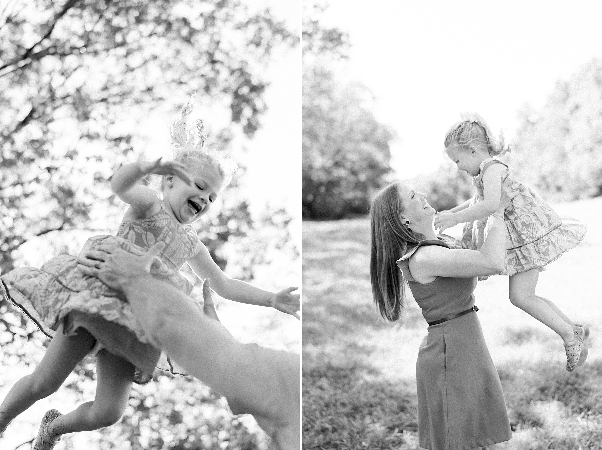 mom lifts daughter up in air during Brentwood Fall Family session